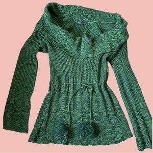 Green Off-Shoulder Knit Sweater Dress – Pom Pom Waist Tie